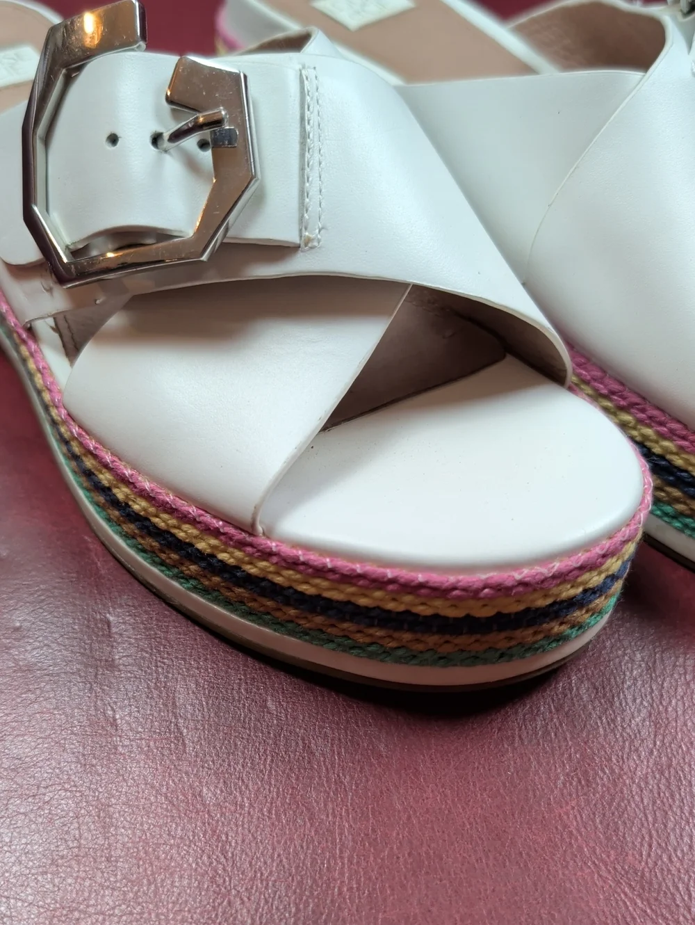 Louise et Cie White Leather Platform Slide Sandals with Rainbow 6.5